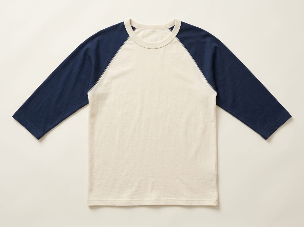 Custom 3/4 sleeve baseball raglan anatomy — ribbed crew, diagonal raglan seam, front chest panel, contrast 3/4 sleeves, double-stitched hem