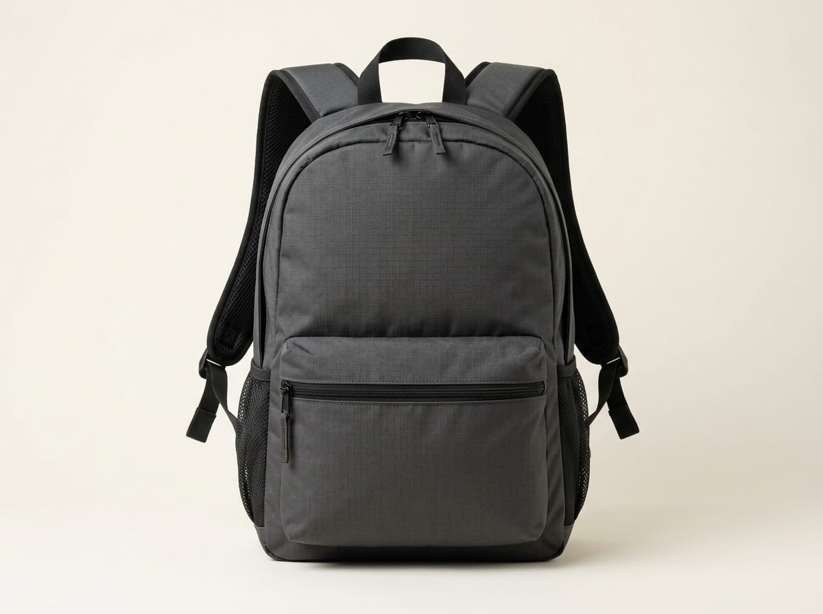 Custom backpack anatomy — top handle, twin shoulder straps, front panel, side panel, and main compartment + front zip pocket