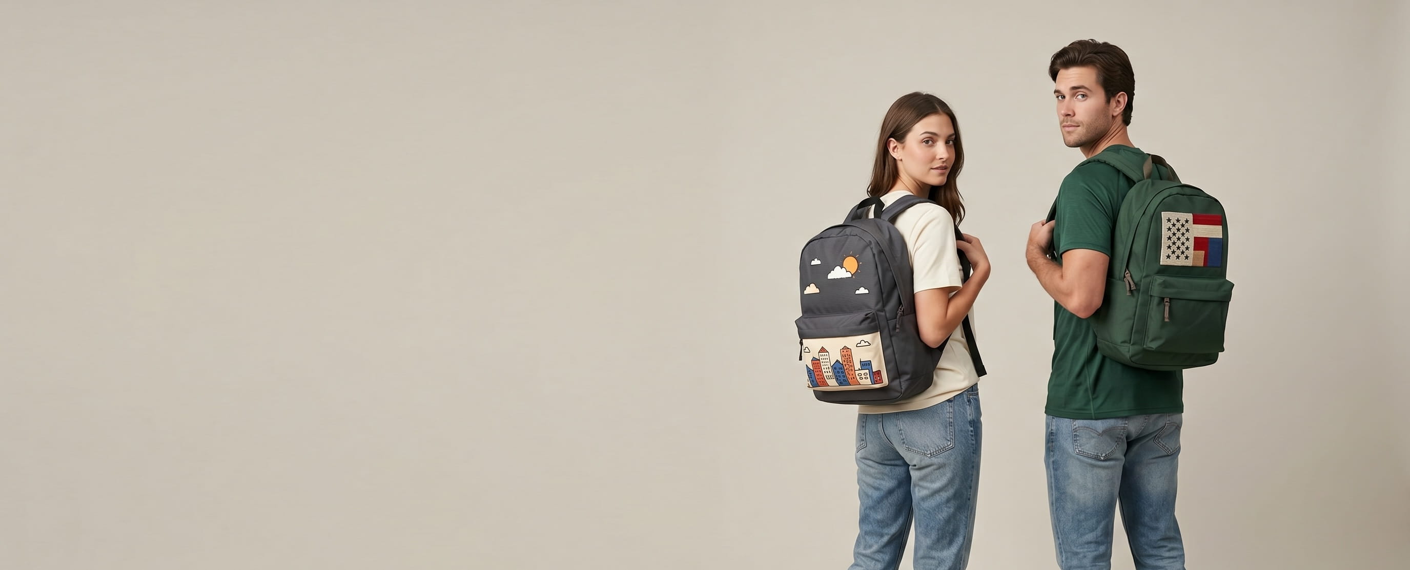 One woman + one man lifestyle models on a warm-grey studio backdrop in a three-quarter back-turn pose wearing decorated backpacks properly on both shoulder straps, heads turned over their shoulders looking directly at the camera, front panels facing camera — one anthracite polyester ripstop daypack with a full-front-panel heat-pressed transfer composition + one forest-green nylon Cordura daypack with a full-front-panel woven patch composition