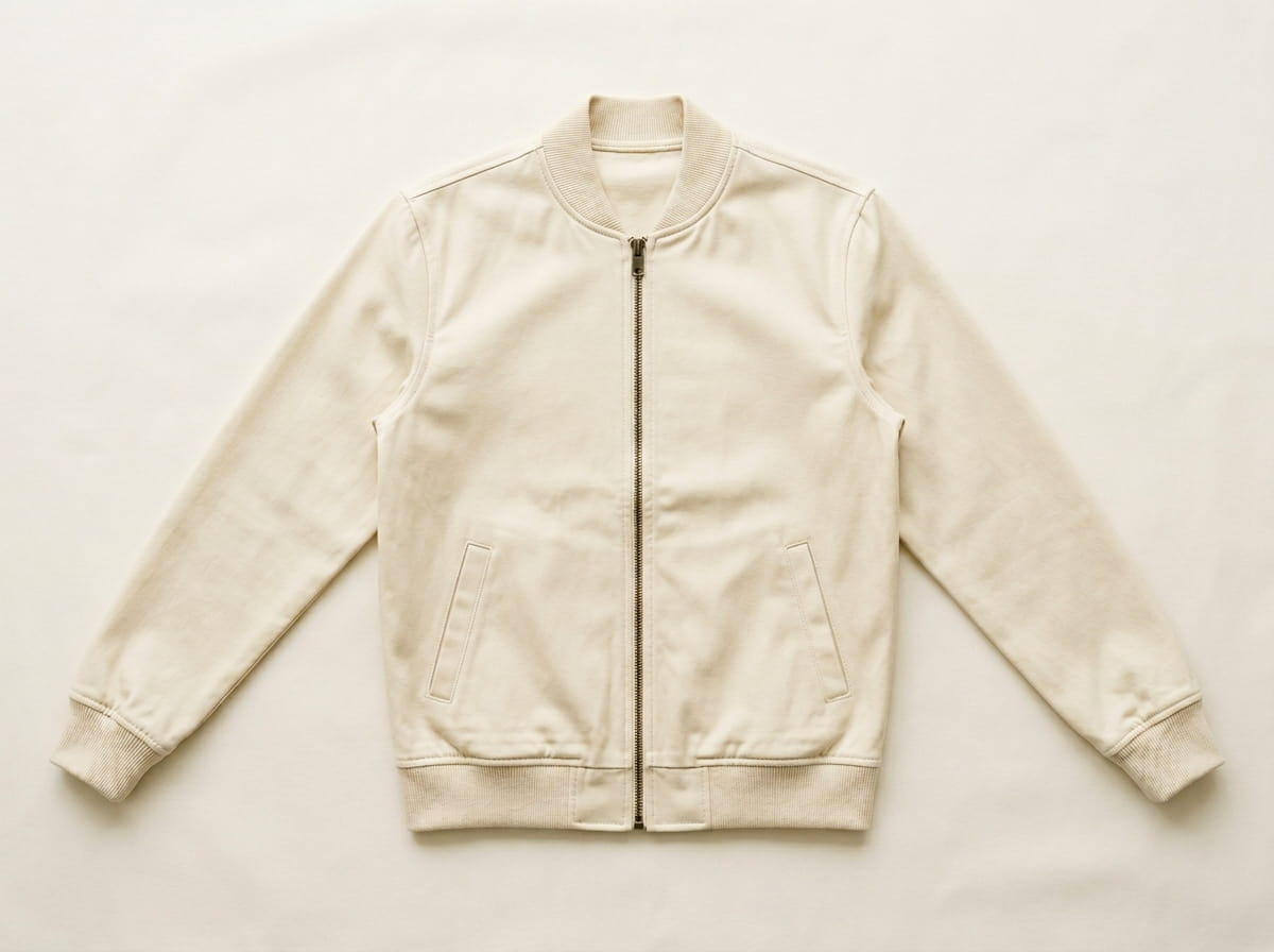 Custom bomber jacket anatomy — ribbed collar, front zipper, front chest panel, sleeve and ribbed knit cuff, ribbed knit hem at the natural waist