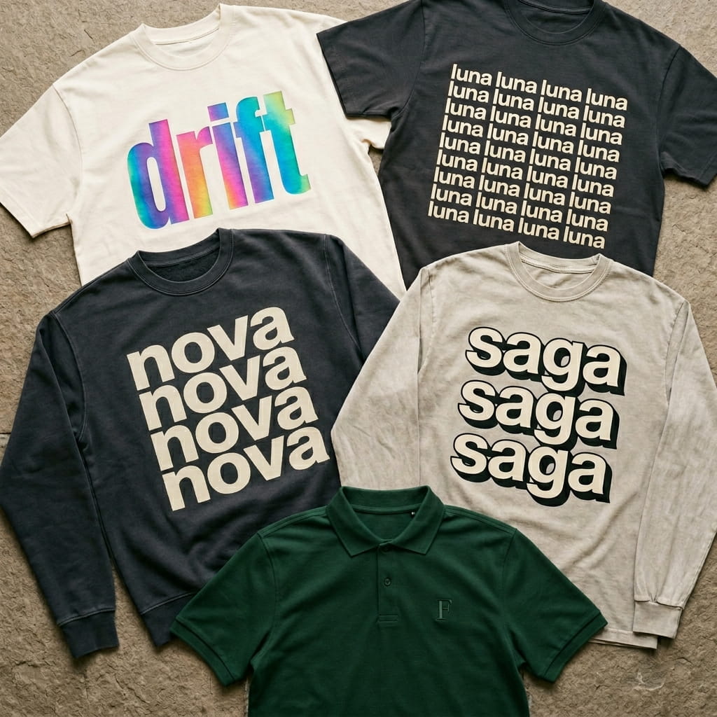 Overhead flat-lay of five branded decorated apparel pieces — heritage cream heavyweight cotton oversized boxy tee, anthracite cotton tee, garment-dyed crewneck, vintage stone-wash long-sleeve, and forest cotton-pique performance polo with various plastisol, foil, and embroidery decoration