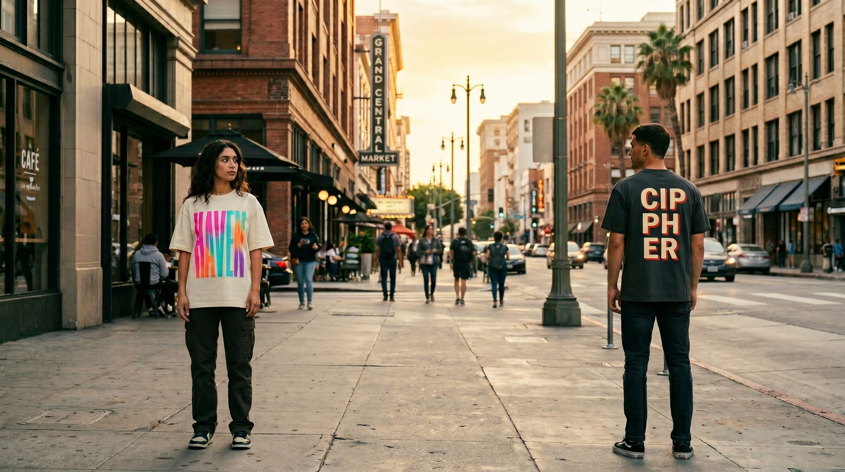 Two lifestyle models in branded decorated apparel — one in a heritage cream heavyweight cotton oversized boxy tee with a full-front plastisol screen-print wordmark, one in a heritage anthracite heavyweight cotton tee at a three-quarter turn with a full-back plastisol screen print