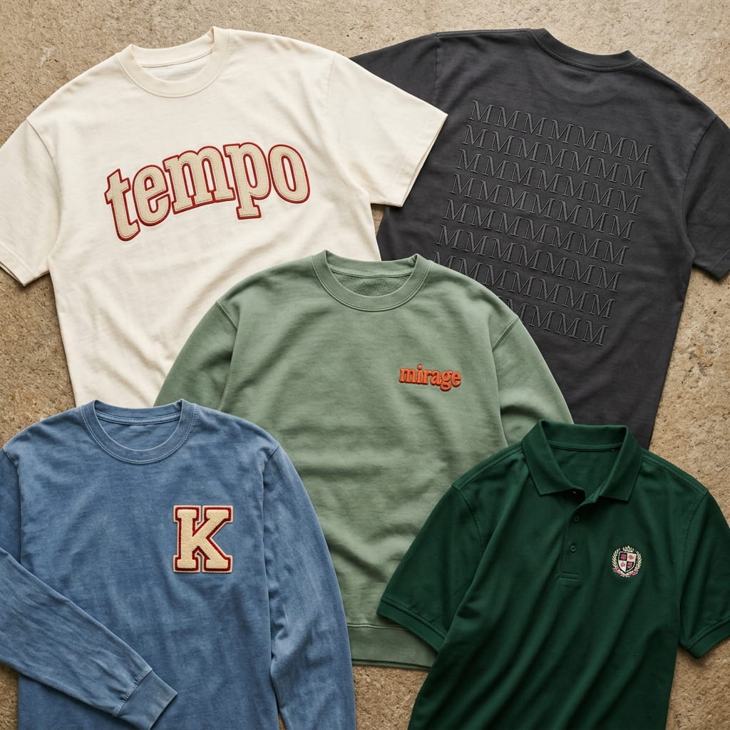 Overhead flat-lay of five branded embroidered apparel pieces — heritage cream oversized boxy tee with chain-stitch embroidery, anthracite cotton tee with tonal flat embroidery, garment-dyed crewneck with 3D puff embroidery, stone-wash long-sleeve with chenille patch, and forest cotton-pique polo with woven patch