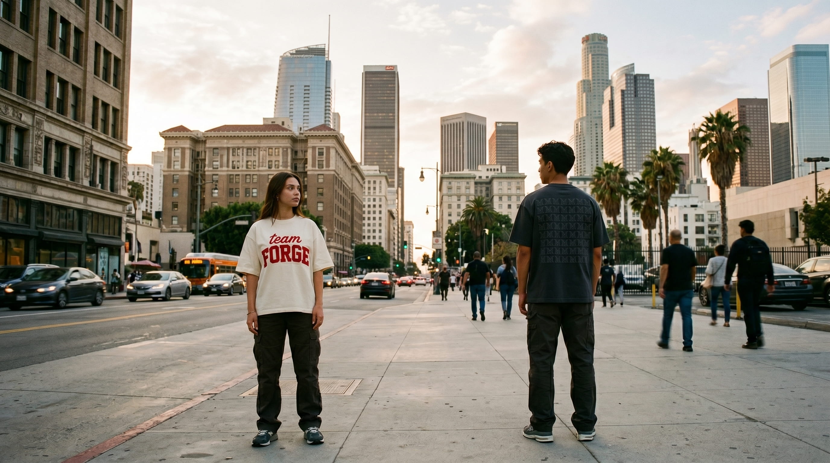 Two lifestyle models in branded embroidered apparel — one in a heritage cream heavyweight cotton oversized boxy tee with chain-stitch embroidery on the chest, one in a heritage anthracite heavyweight cotton tee at a three-quarter turn with tonal flat embroidery on the back
