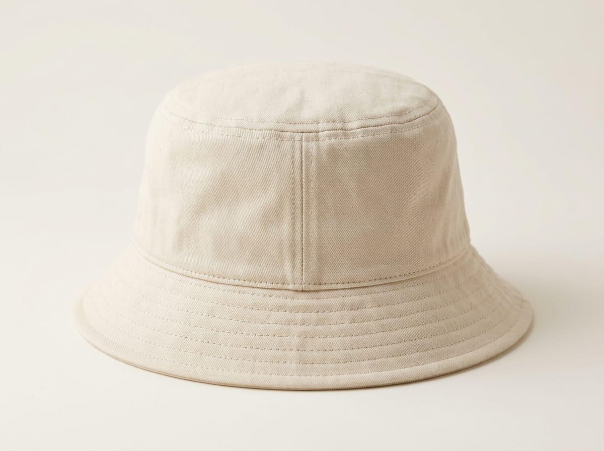 Custom bucket hat anatomy — soft round crown panel, front crown panel, wide downturned brim, round side panel, inside sweatband