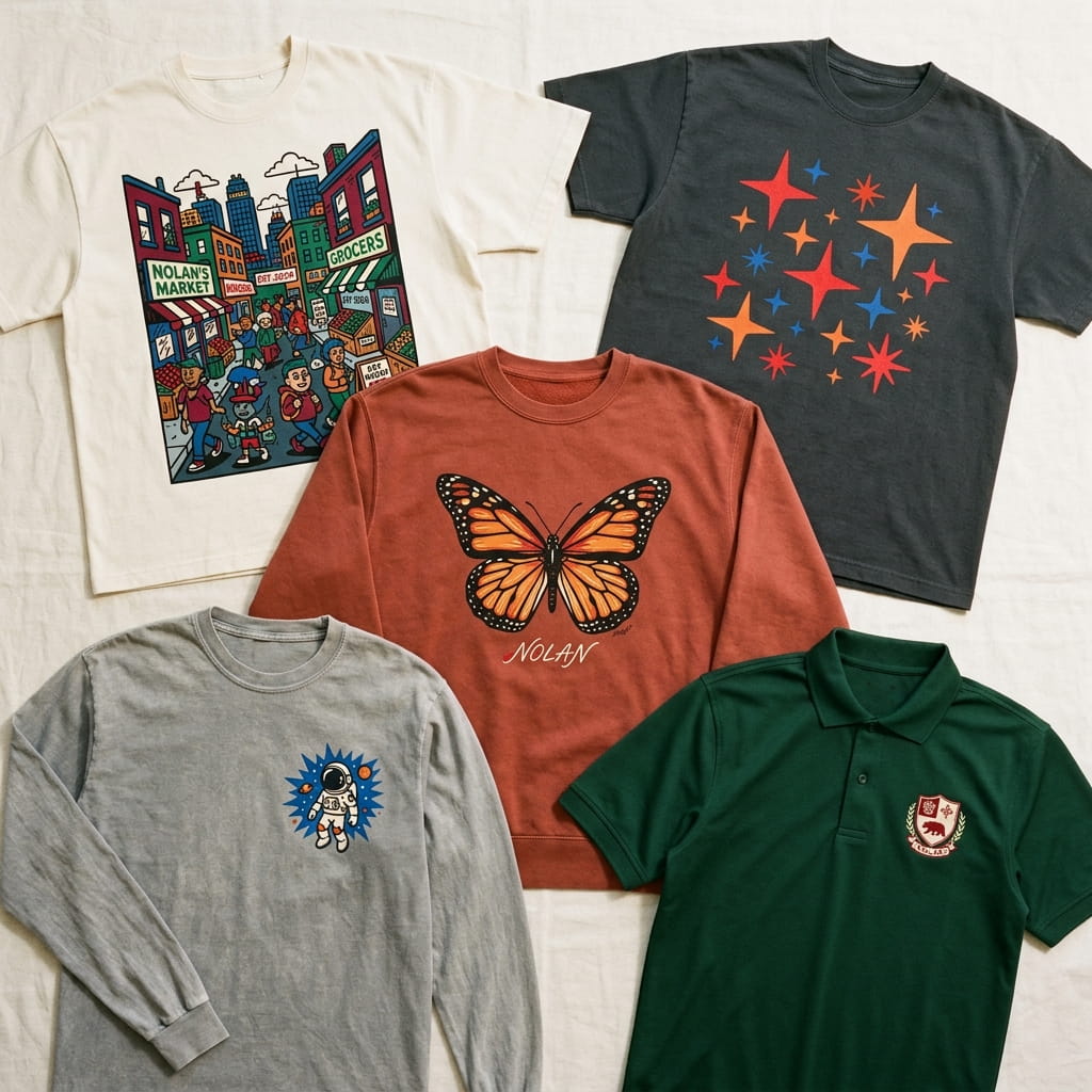 Overhead flat-lay of five illustration-decorated buying-guide apparel pieces — heritage cream oversized boxy tee with mascot cartoon urban scene, anthracite cotton tee with Y2K sparkle vector cluster, garment-dyed crewneck with hand-illustrated butterfly, vintage stone-wash long-sleeve with cartoon astronaut, and forest cotton-pique polo with woven crest patch