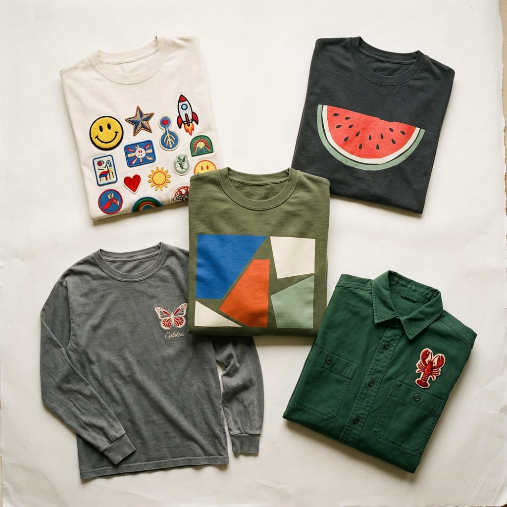 Overhead flat-lay of five illustration-decorated case-study apparel pieces — heritage cream oversized boxy tee with multi-patch composition, anthracite cotton tee with watermelon-slice emblem, garment-dyed crewneck with color-block geometric, vintage stone-wash long-sleeve with butterfly embroidery, and forest cotton-canvas workshirt with lobster emblem patch