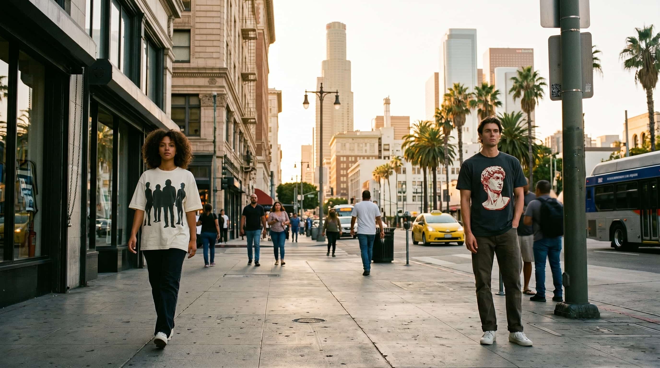 Two lifestyle models in illustration-decorated case-study apparel — one in a heritage cream heavyweight cotton oversized boxy tee with a group silhouette photo print plastisol screen-print, one in a heritage anthracite heavyweight cotton tee with a hand-illustrated classical statue plastisol screen-print