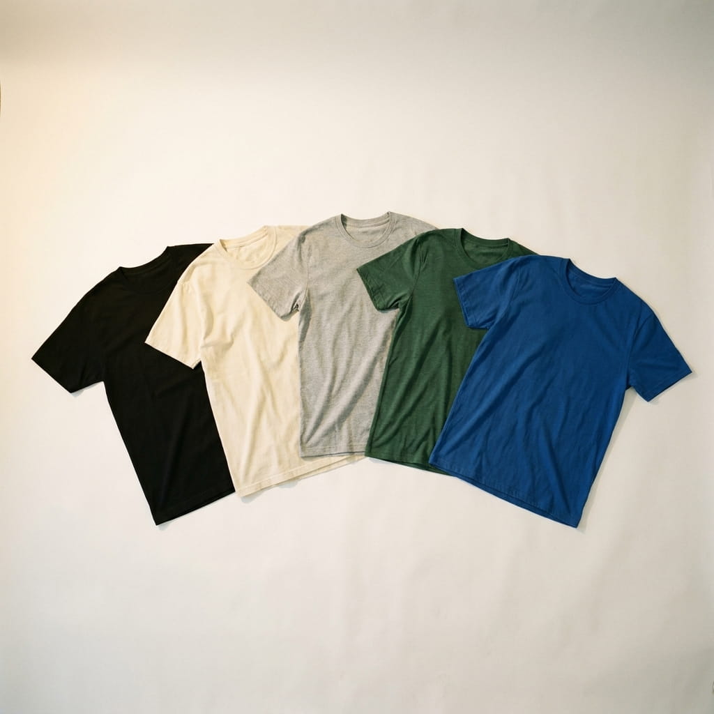 Five entry-price tee silhouettes flat-laid on a clean studio background