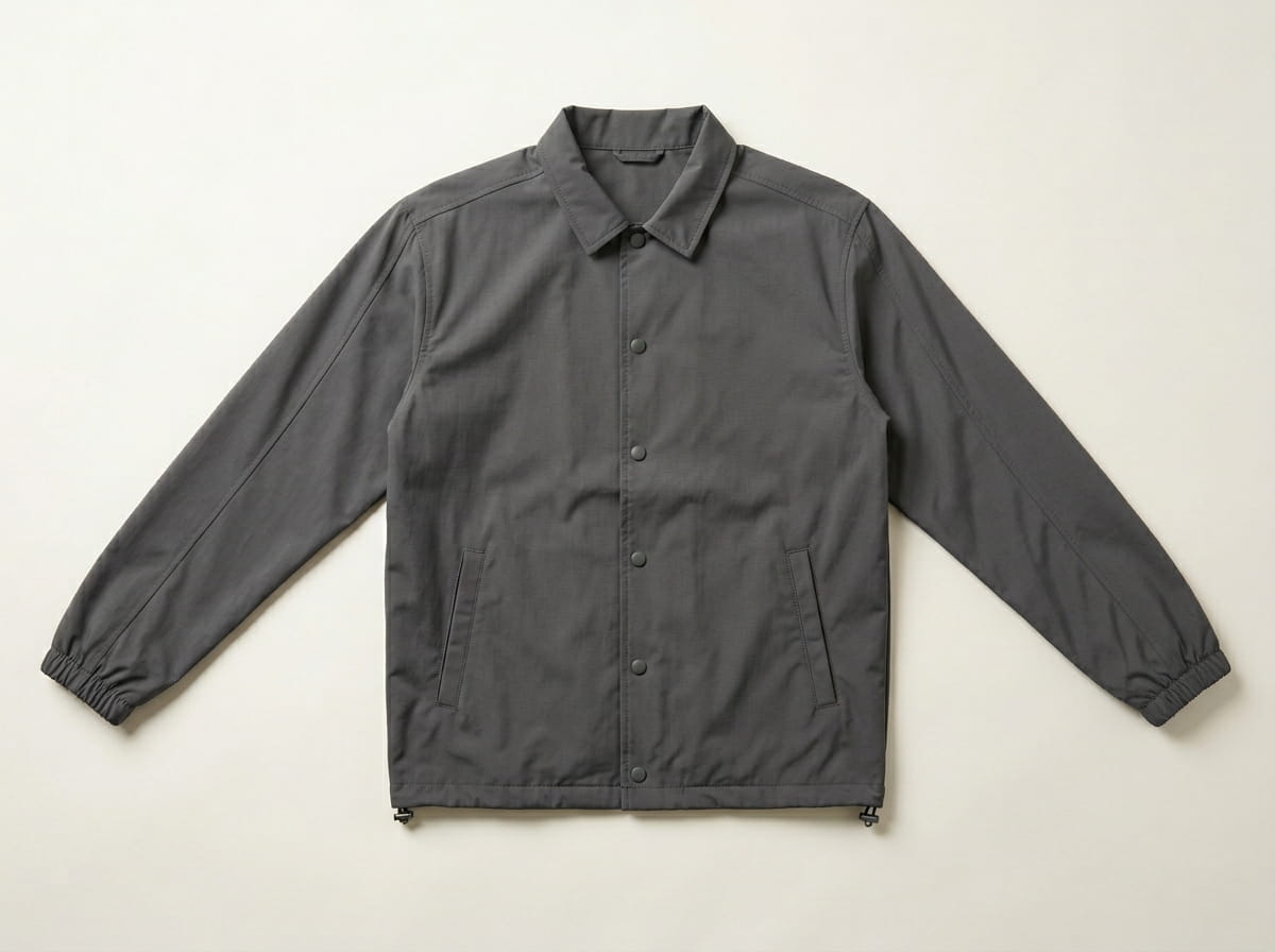 Custom coach's jacket anatomy — banded collar, snap-button front placket, front chest panel, set-in sleeve and banded cuff, banded hem with drawstring at the natural waist