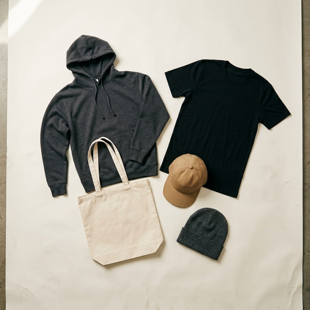 Five cross-category company-swag pieces flat-laid on a clean studio background