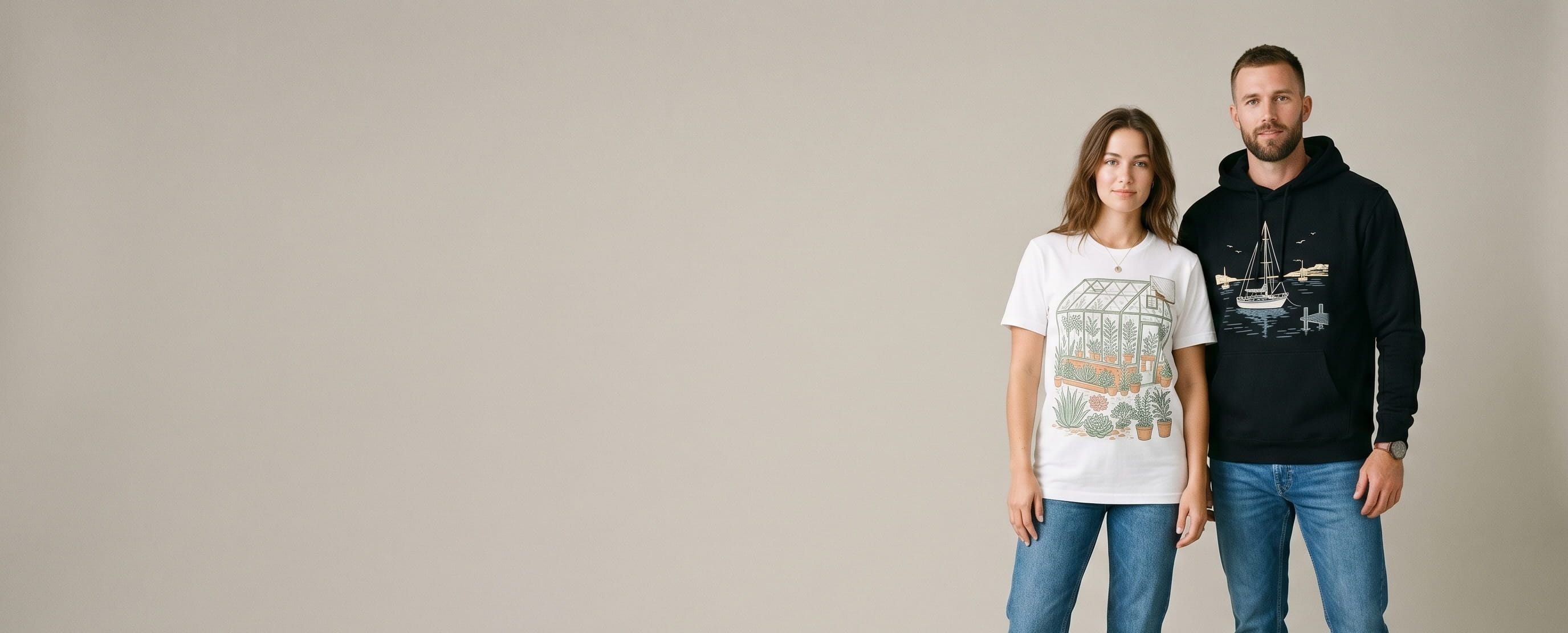 Two casual lifestyle models — woman in a white cotton crewneck with a full-chest vintage greenhouse water-based screen print, man (athletic) in a black premium cotton hoodie with a full-chest vintage harbor DTG photographic print