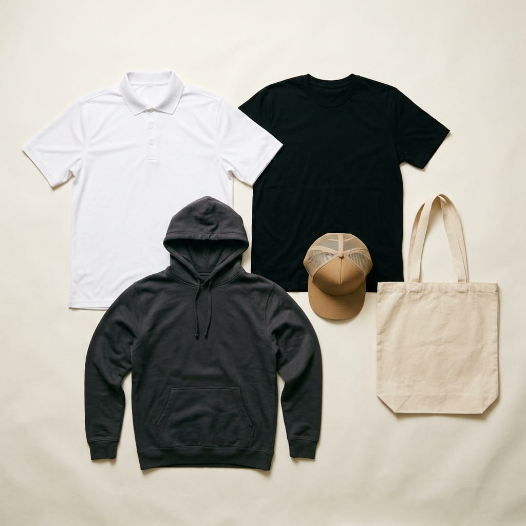 Five cross-category corporate-gear pieces flat-laid on a clean studio background