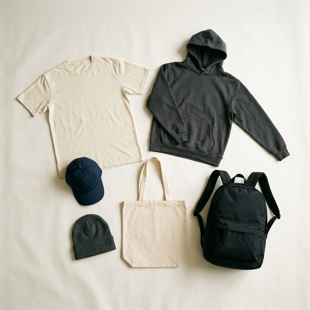 Six cross-category premium corporate-gift pieces flat-laid on a clean studio background — vintage-cream premium garment-dyed tee, charcoal heavyweight fleece hoodie, deep-navy premium-grade dad cap, charcoal-heather acrylic watch hat, natural-cream canvas tote, and deep-black ripstop nylon heritage outdoor backpack