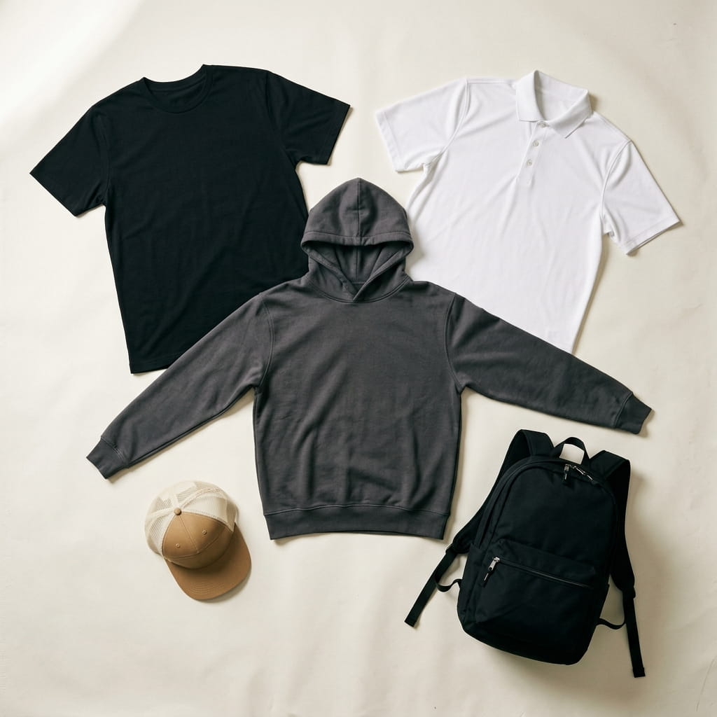 Five cross-category corporate-swag pieces flat-laid on a clean studio background