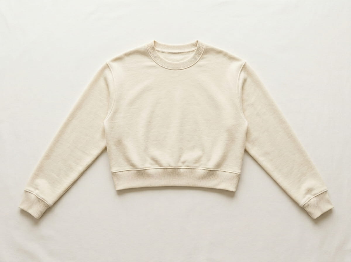 Custom crop-top sweater anatomy — ribbed crew neckline, set-in sleeves with ribbed cuffs, cropped front body panel, ribbed cropped hem at the natural waist