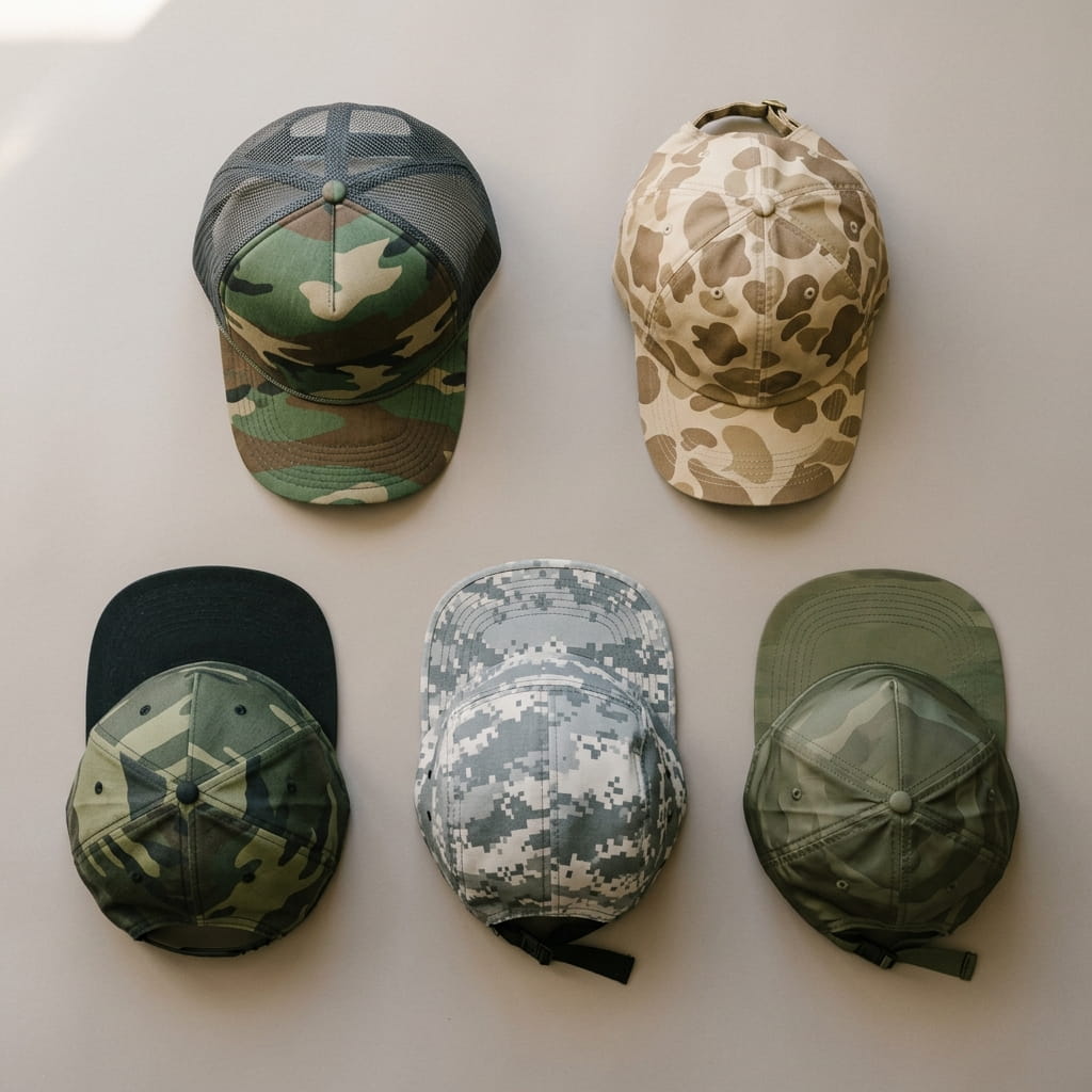 Five camo cap silhouettes flat-laid on a clean studio background — woodland-camo foam-front trucker, tan blob-camo unstructured dad cap, multicam structured 6-panel snapback, urban-gray 6-panel flat-bill, and olive-camo performance flat-bill