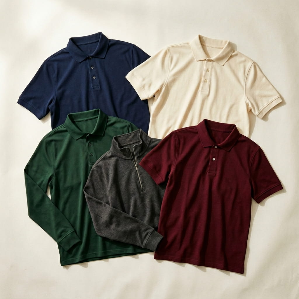 Five polo silhouettes flat-laid on a clean studio background — navy short-sleeve cotton-pique, cream short-sleeve cotton-poly blend pique, forest long-sleeve performance pique, charcoal quarter-zip pullover polo, and burgundy short-sleeve premium fine-pique