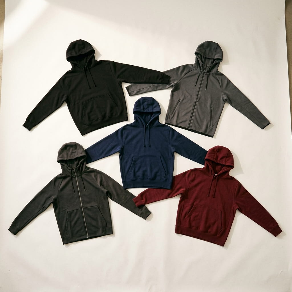 Five Nike fleece hoodie silhouettes flat-laid on a clean studio background — heritage black Club Fleece pullover, dark-smoke-grey Therma-FIT full-zip, heritage navy Club Fleece pullover, dark anthracite Therma-FIT full-zip, and heritage bordeaux Club Fleece pullover