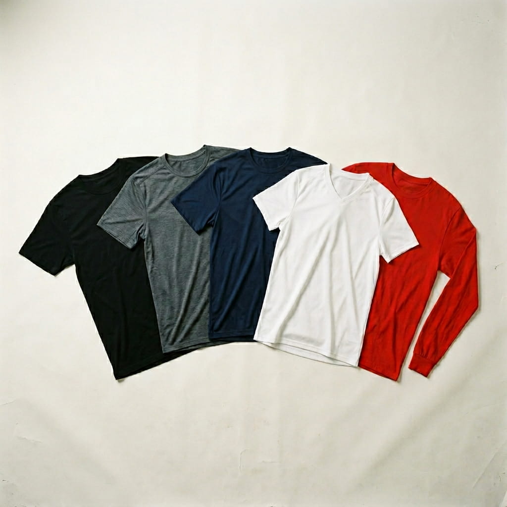 Five Nike shirt silhouettes flat-laid on a clean studio background — heritage black 100% cotton short-sleeve, dark-smoke-grey Dri-FIT cotton-poly short-sleeve, heritage navy Legend Tee short-sleeve, heritage white Dri-FIT Hex V-neck top, and heritage scarlet 100% cotton long-sleeve