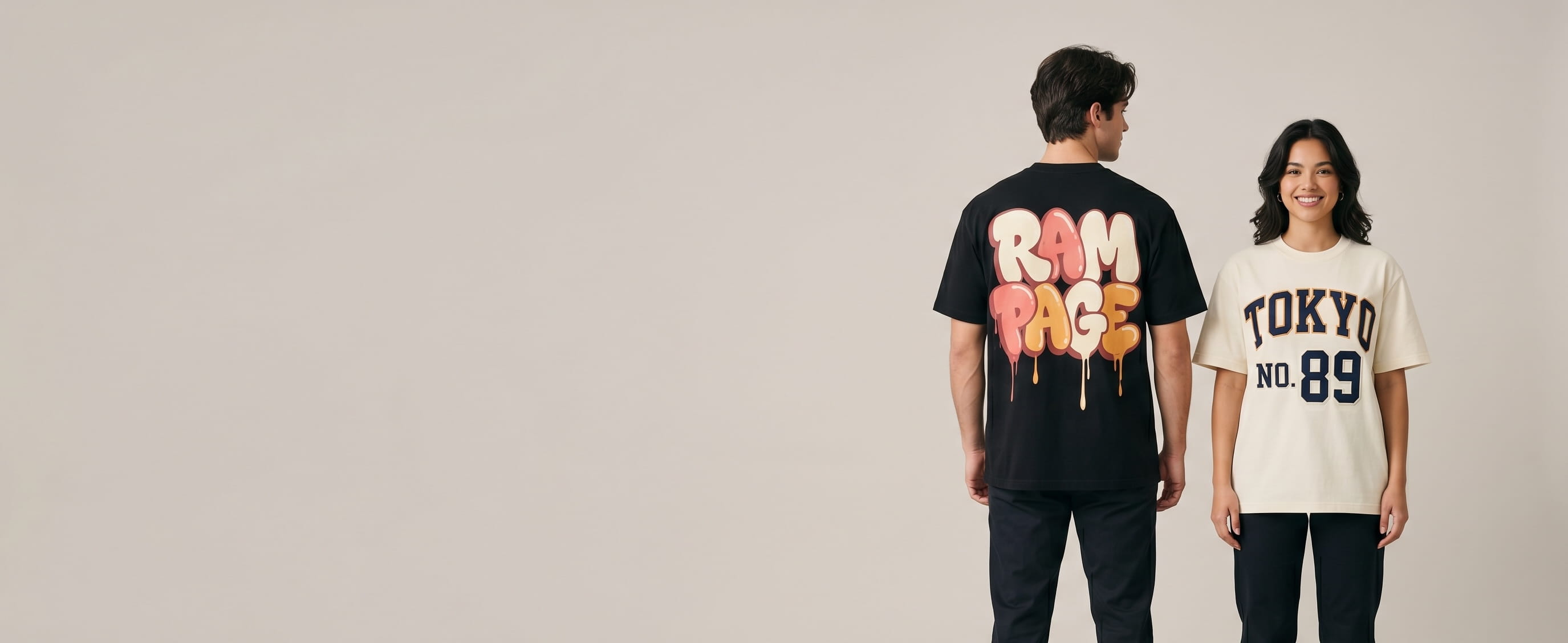 Two lifestyle models in custom Nike shirts — one in a heritage black cotton tee with a full-back graffiti "RAMPAGE" bubble-letter tag screen print, one in a heritage cream cotton tee with a full-front "TOKYO / NO. 89" heritage college-varsity flat-embroidered country wordmark and jersey number
