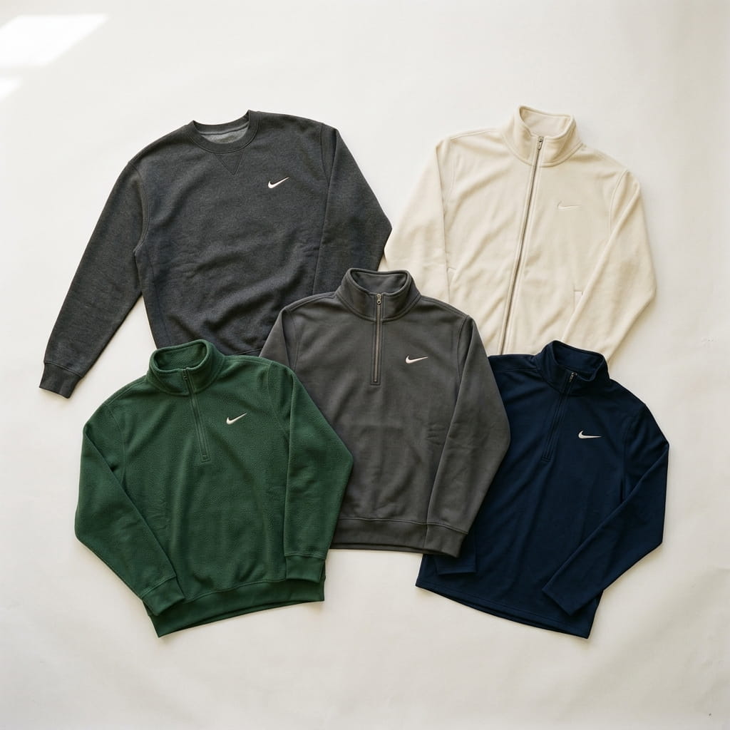 Five Nike sweatshirt silhouettes flat-laid on a clean studio background — charcoal Club Fleece pullover hoodie, navy Club Fleece crew, dark-smoke-grey Therma-FIT full-zip hoodie, forest textured Therma-FIT 1/2-zip, and navy Dri-FIT 1/2-zip cover-up
