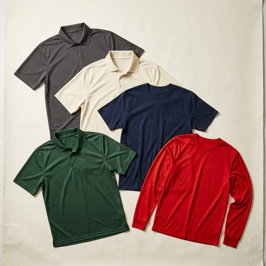 Five performance shirt silhouettes flat-laid on a clean studio background — anthracite performance pique polo, cream performance pique polo, navy DryBlend tee, forest textured performance polo, and scarlet premium performance-knit long-sleeve
