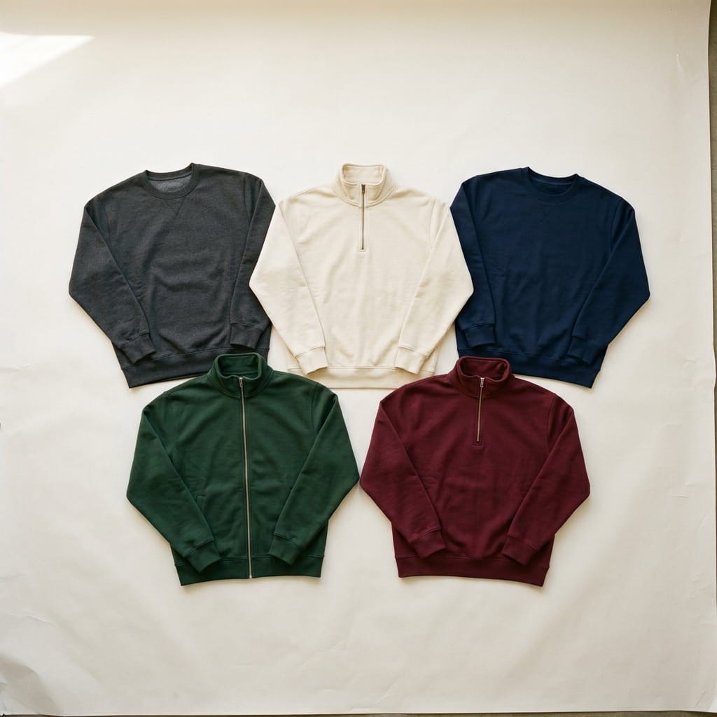 Five sweatshirt silhouettes flat-laid on a clean studio background — charcoal heavyweight ringspun crewneck, cream garment-dyed crewneck, navy cotton-poly blend crewneck, forest heavyweight workwear quarter-zip pullover, and burgundy heavyweight ringspun half-zip pullover