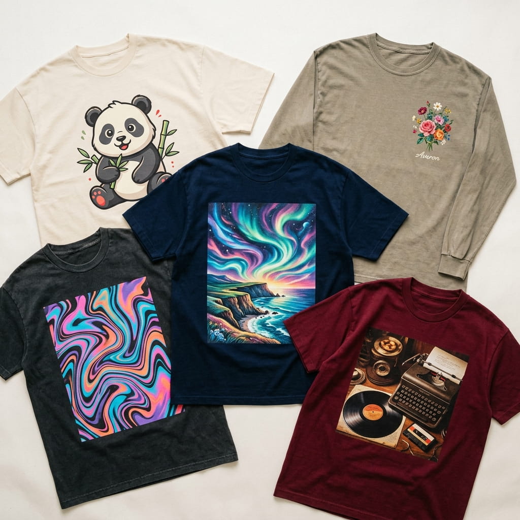 Overhead flat-lay of five DTG-decorated apparel pieces — heritage cream oversized boxy tee with cartoon panda mascot, anthracite tee with acid-wash liquid swirly composition, navy tee with surreal cosmic-coastal landscape, vintage stone-wash long-sleeve with hand-painted floral bouquet, and burgundy tee with photo-realistic vintage still-life