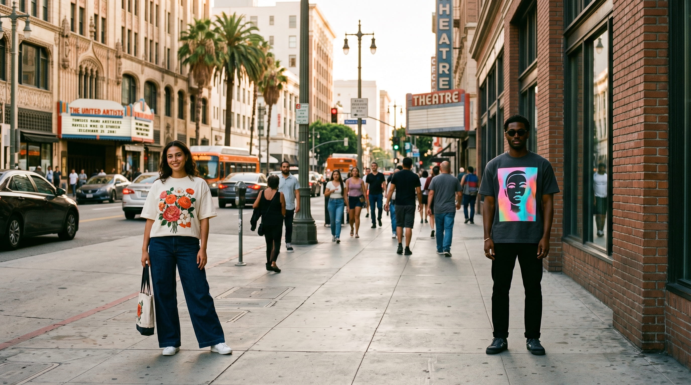 Two lifestyle models in DTG-decorated apparel — one in a heritage cream heavyweight cotton oversized boxy tee with a hand-painted floral bouquet full-color DTG, one in a heritage anthracite heavyweight cotton tee with a holographic iridescent gradient portrait white-ink underbase DTG