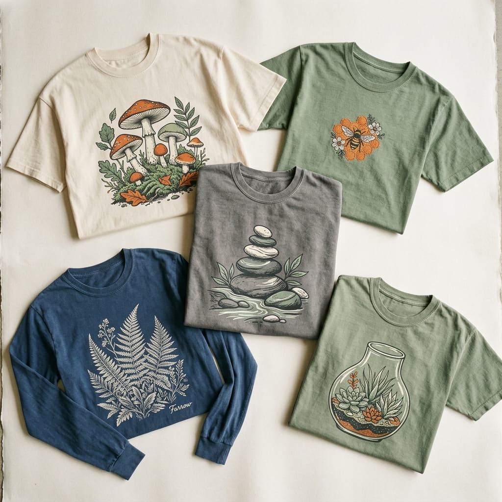 Overhead flat-lay of five eco-friendly illustration-decorated apparel pieces — heritage cream organic cotton oversized boxy tee with mushroom + forest floor, sage hemp-blend cotton tee with honeycomb + bee, stone-wash recycled cotton crewneck with pebble cairn, vintage indigo organic cotton long-sleeve with lithograph fern, and sage garment-dyed Comfort Colors tee with hand-illustrated terrarium scene
