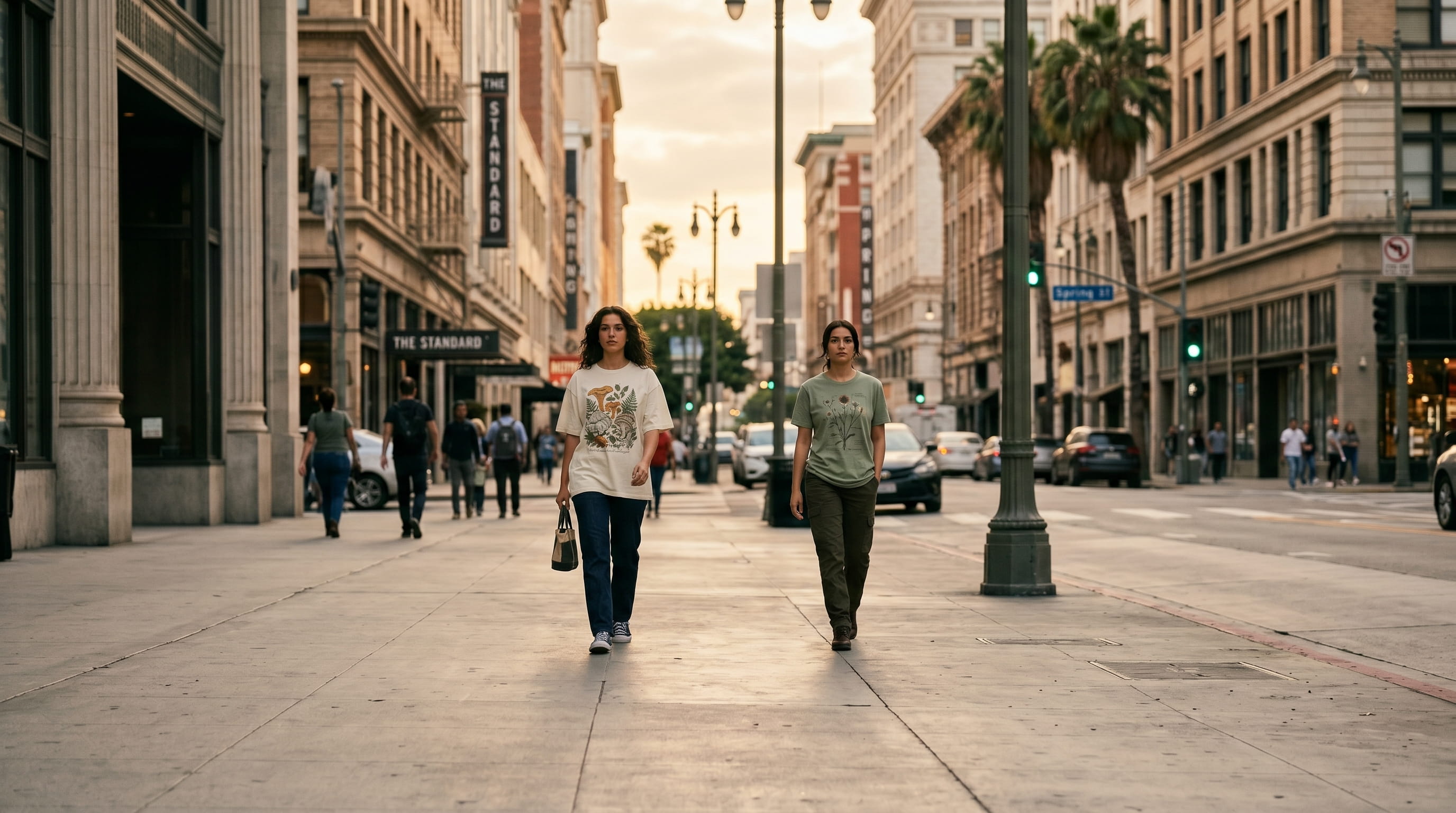 Two lifestyle models walking mid-stride with confident relaxed aura in eco-friendly nature-decorated apparel — one in a heritage cream organic cotton oversized boxy tee with a hand-illustrated mushroom + forest floor water-based ink screen-print, one in a heritage sage hemp-blend cotton tee with a vintage scientific herbarium botanical tonal flat embroidery