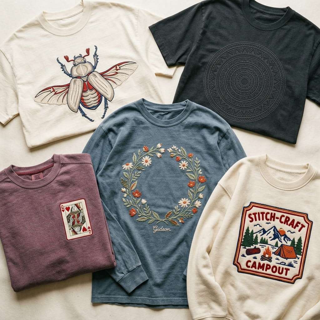 Overhead flat-lay of five stitch-craft embroidered apparel pieces — heritage cream tee with vintage insect specimen beetle, anthracite tee with geometric mandala, garment-dyed Comfort Colors crewneck with playing card illustration, vintage stone-wash long-sleeve with chain-stitch floral wreath, and varsity-letterman fleece pullover with vintage matchbook-style camp-scene emblem patch