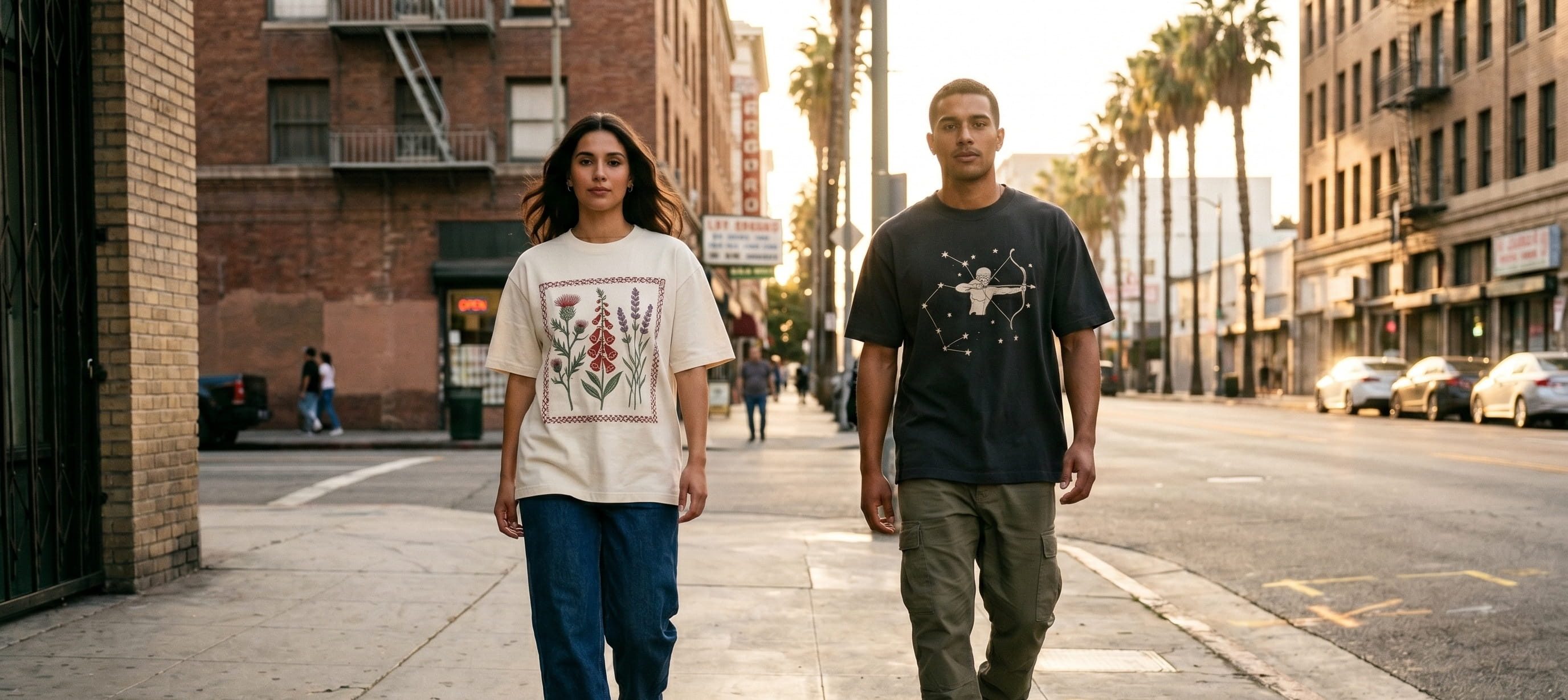 Two lifestyle models walking together in matched mid-stride down a downtown sidewalk with confident relaxed aura, spaced 20 feet apart in stitch-craft embroidered apparel — one in a heritage cream heavyweight cotton oversized boxy tee with a sampler-style hand-illustrated botanical flat embroidery, one in a heritage anthracite heavyweight cotton tee with a vintage zodiac constellation archer high-density satin-stitch embroidery