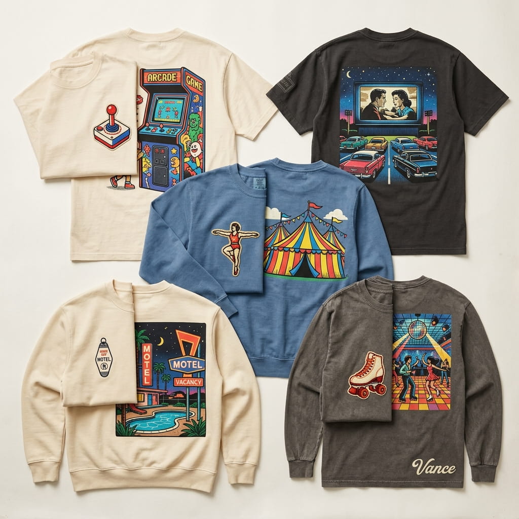 Overhead flat-lay of five combo embroidery + screen print decorated apparel pieces — heritage cream tee with vintage arcade joystick emblem + arcade pixel-game back, anthracite tee with vintage drive-in marquee + drive-in scene back, garment-dyed crewneck with chenille acrobat emblem + circus big-top back, stone-wash long-sleeve with chain-stitch roller-skate emblem + roller-rink back, and varsity-letterman fleece pullover with vintage motel-key emblem + motel-sign night scene back