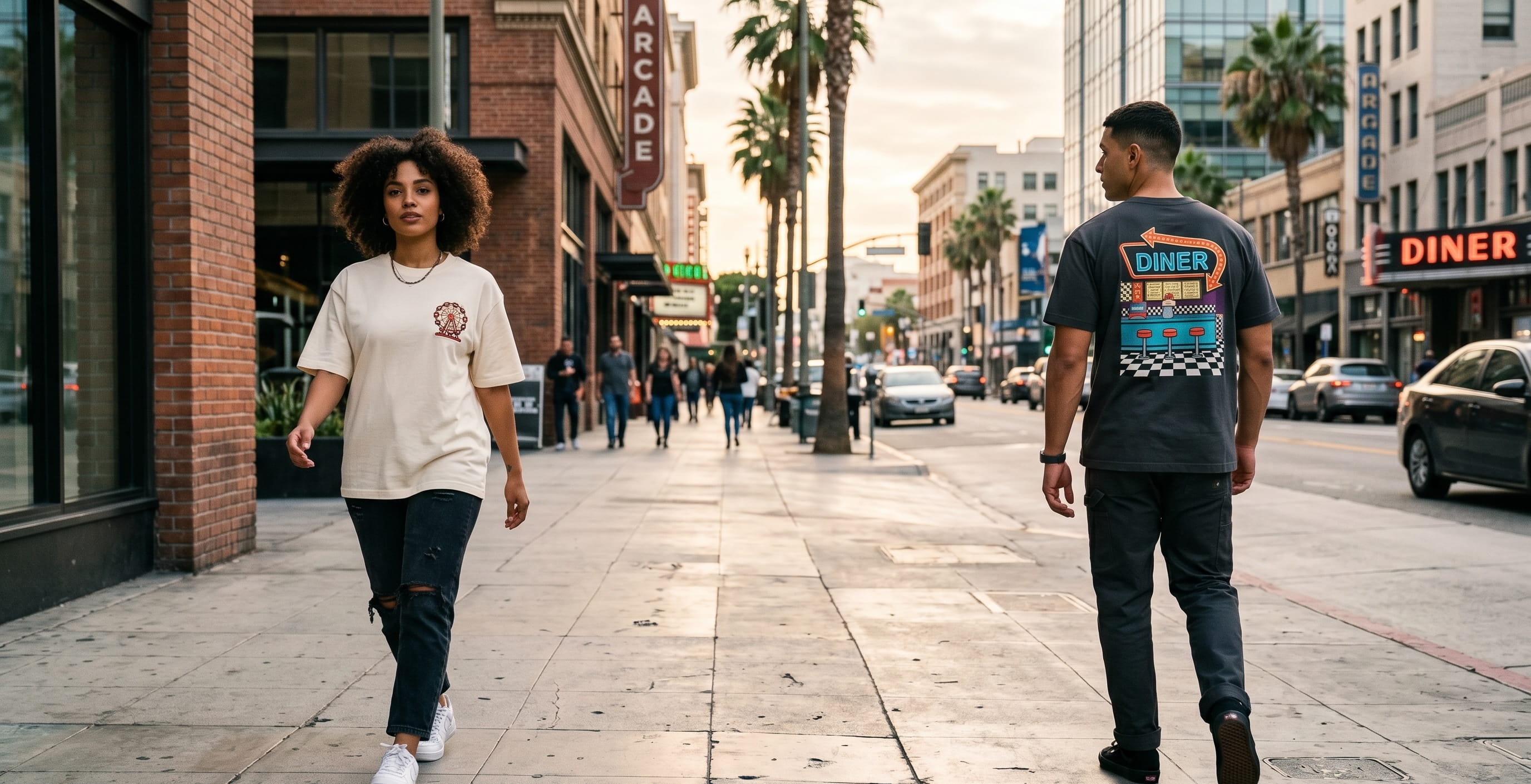 Two lifestyle models passing each other in mid-stride on a downtown sidewalk with confident relaxed aura, spaced 20 feet apart in combo embroidery + screen print decorated apparel — left model walking toward the camera in a heritage cream heavyweight cotton oversized boxy tee with a vintage carnival ferris-wheel embroidered chest emblem (carnival midway plastisol on back), right model walking away from the camera in mid-stride three-quarter back turn in a heritage anthracite heavyweight cotton tee with a vintage neon diner-sign plastisol screen-print back scene