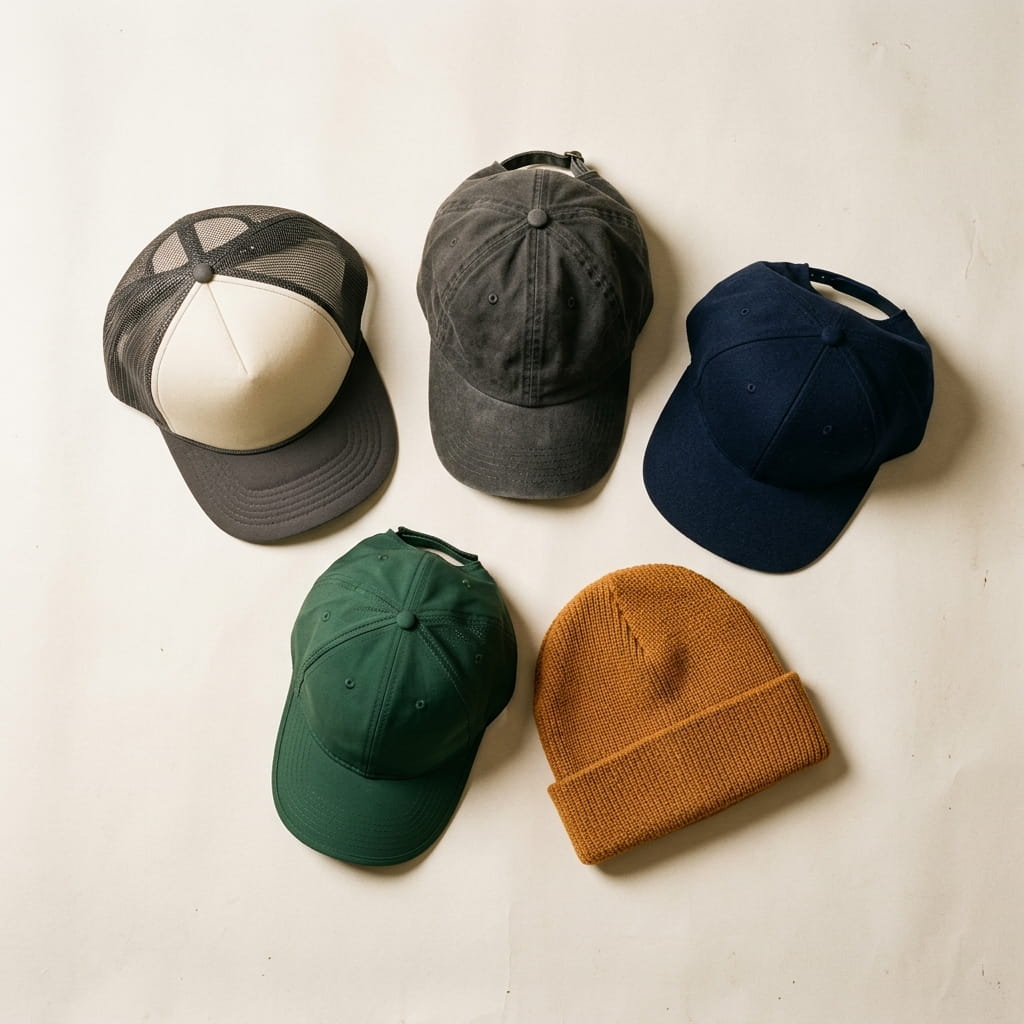 Five fast custom hat silhouettes flat-laid on a clean studio background — cream cotton-twill foam-front trucker, charcoal brushed-cotton unstructured dad cap, heritage navy wool-blend flat-bill snapback, forest nylon-blend performance cap, and warm-amber acrylic-knit beanie