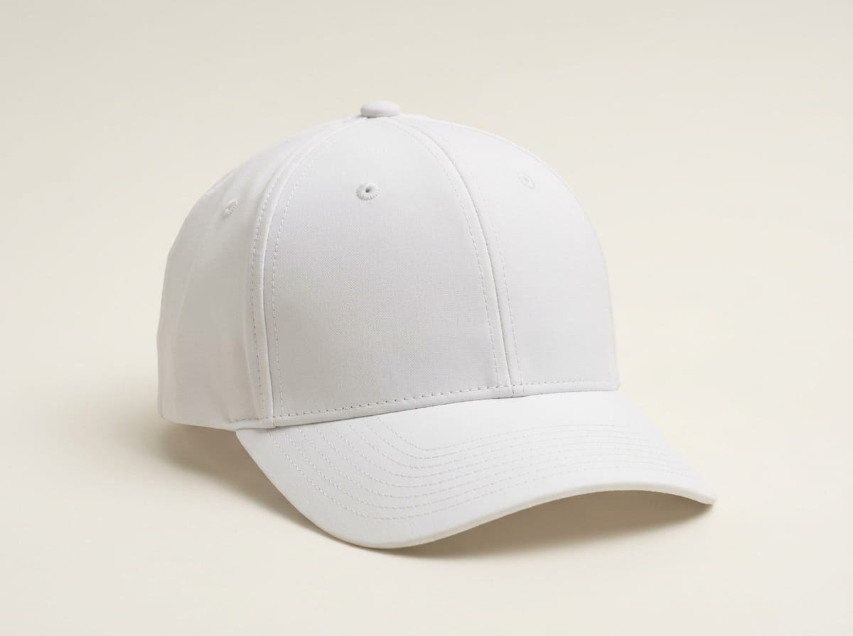 Custom golf cap anatomy — structured 6-panel crown, front center panel, side panel, pre-curved visor, sewn eyelet vents