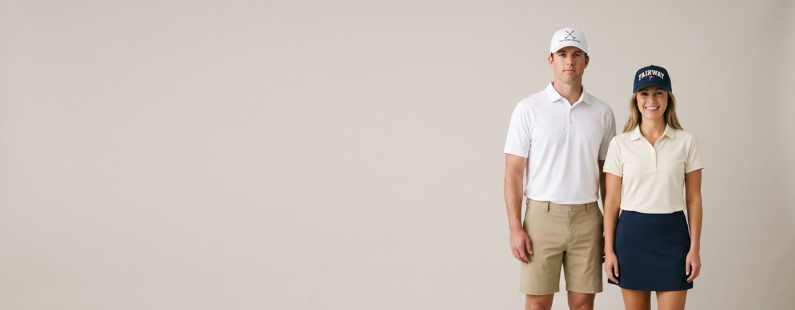 Two lifestyle models in decorated custom golf caps — man in heritage white performance polyester golf cap with heritage flat-embroidered crossed-golf-clubs emblem + chain-stitch woman in heritage navy performance polyester golf cap with 3D puff wordmark + flat-embroidered pin-flag emblem