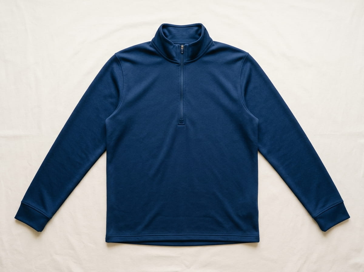 Custom half-zip pullover anatomy — mock stand-up collar, half-length metal zipper, set-in sleeves with clean fabric cuffs, clean fabric hem