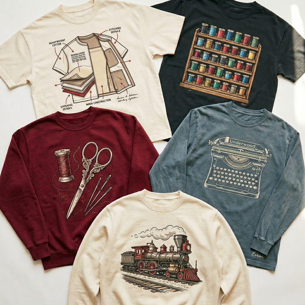 Overhead flat-lay of five vintage-textbook illustration decorated apparel pieces — heritage cream tee with cross-section garment cutaway diagram, anthracite tee with vintage thread spool collection, garment-dyed crewneck with vintage sewing scissors, vintage stone-wash long-sleeve with vintage typewriter, and varsity-letterman fleece pullover with vintage steam locomotive technical illustration