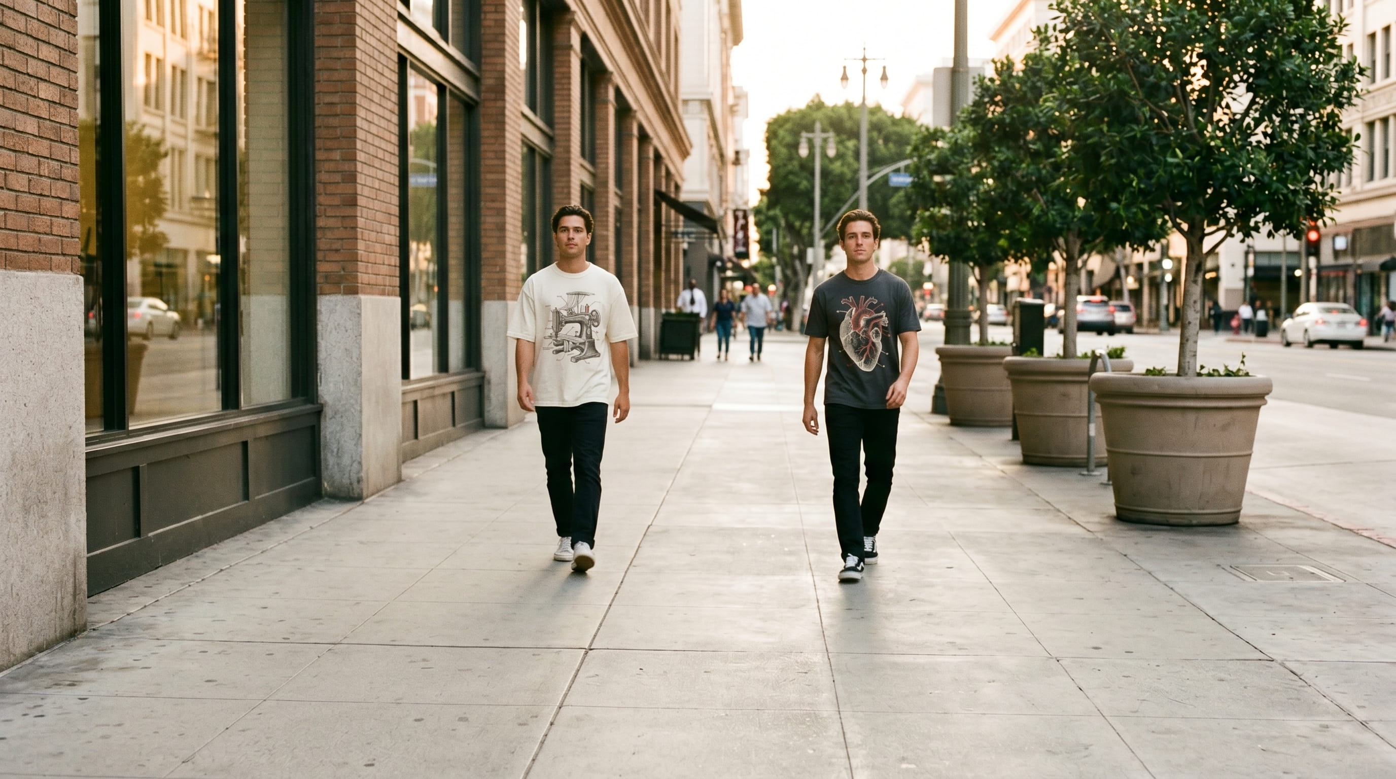 Two lifestyle models walking together in matched mid-stride down a downtown sidewalk with confident relaxed aura, spaced 20 feet apart in vintage-textbook illustration decorated apparel — one in a heritage cream heavyweight cotton oversized boxy tee with a vintage embroidery machine technical illustration plastisol screen-print, one in a heritage anthracite heavyweight cotton tee with a vintage anatomical heart engraving plastisol screen-print