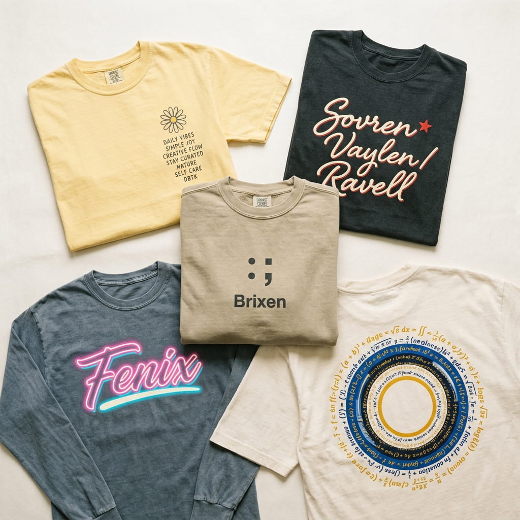 Overhead flat-lay of five ornamental illustration decorated apparel pieces — heritage cream tee with vintage masquerade mask, anthracite tee with vintage perfume bottle collection, garment-dyed crewneck with Art Deco geometric pattern, vintage stone-wash long-sleeve with vintage paisley pattern, and varsity-letterman fleece pullover with vintage stained-glass rose-window pattern