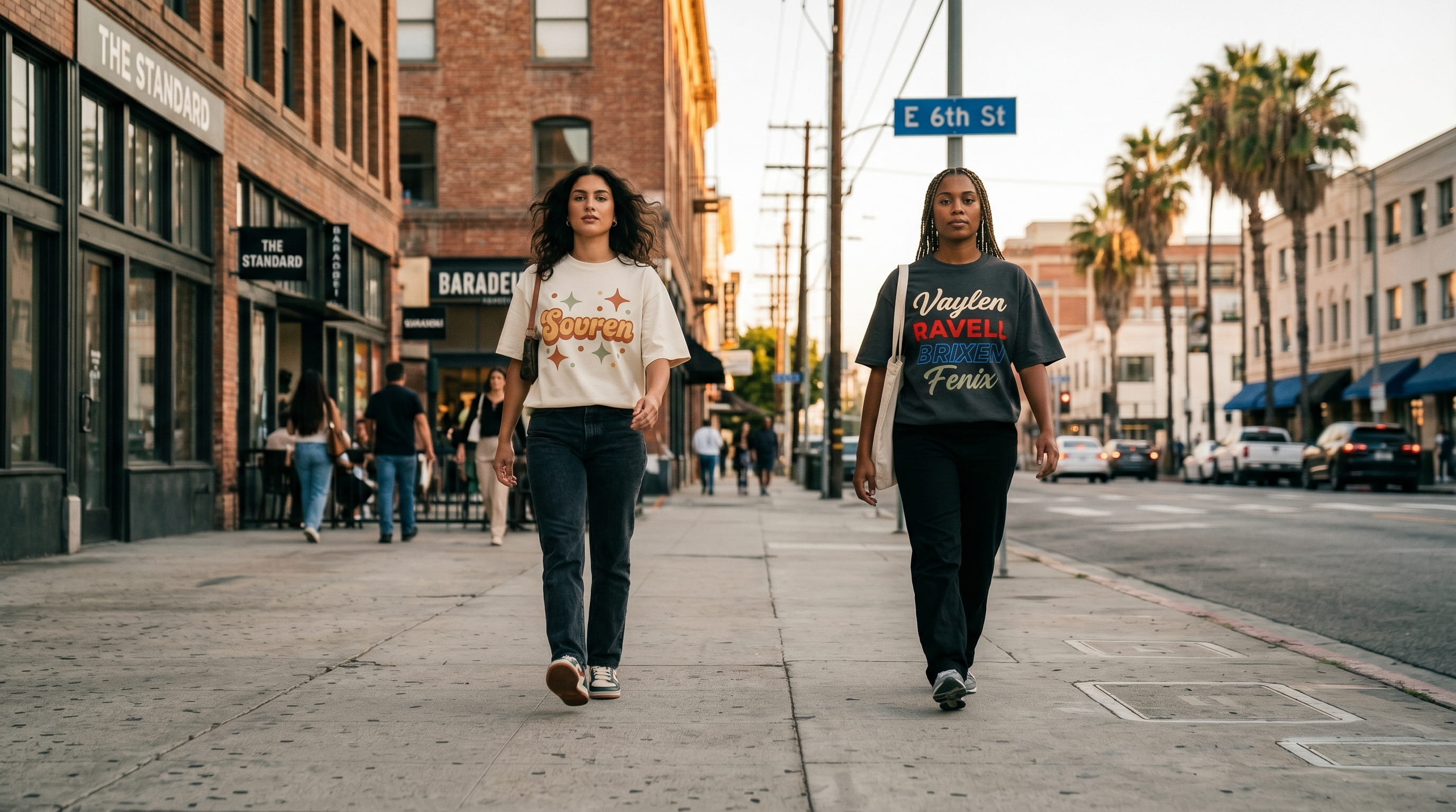 Two lifestyle models walking together in matched mid-stride down a downtown sidewalk with confident relaxed aura, spaced 20 feet apart in DBTK lifestyle-curation decorated apparel — one in a heritage cream heavyweight cotton oversized boxy tee with a 70s retro bubble + stars plastisol screen-print, one in a heritage anthracite heavyweight cotton tee with a multi-color stacked statement plastisol screen-print