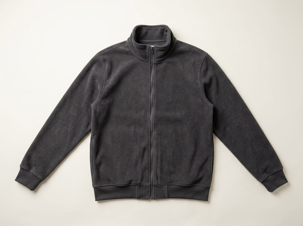Custom fleece jacket anatomy — stand-up collar, full-zip closure, front chest panel, set-in sleeve and banded cuff, banded hem at the natural waist