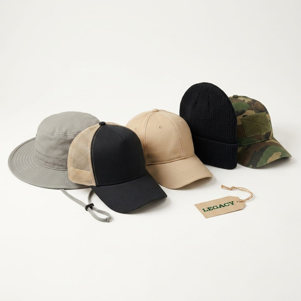 Legacy heritage-headwear lineup on a clean studio background