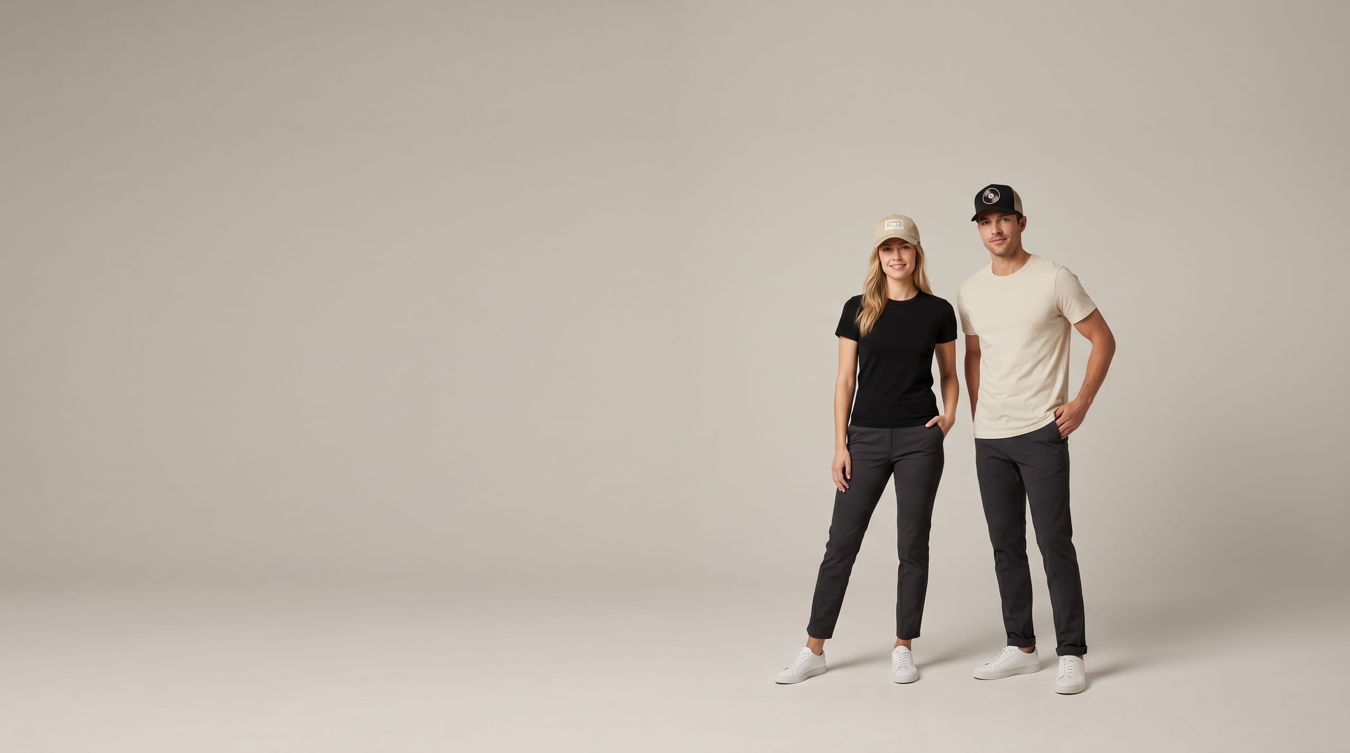 Two models with decorated Legacy heritage caps in a clean studio