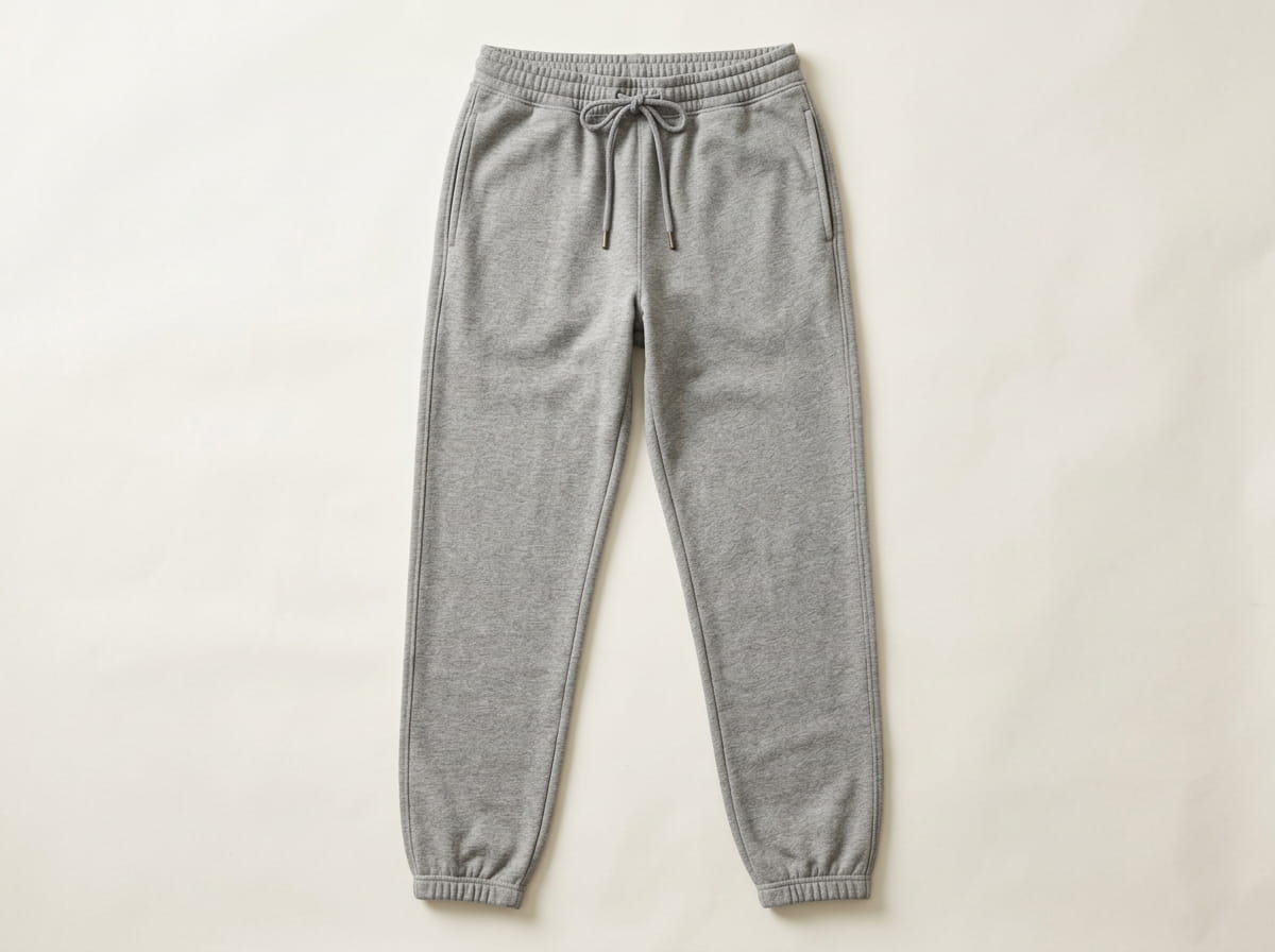 Custom legging + sweatpant anatomy — elasticated drawcord waistband or high-rise elastic waistband, relaxed straight-leg or fitted full-length leg, full-leg side seam, front thigh panel, and banded ankle cuff or hem