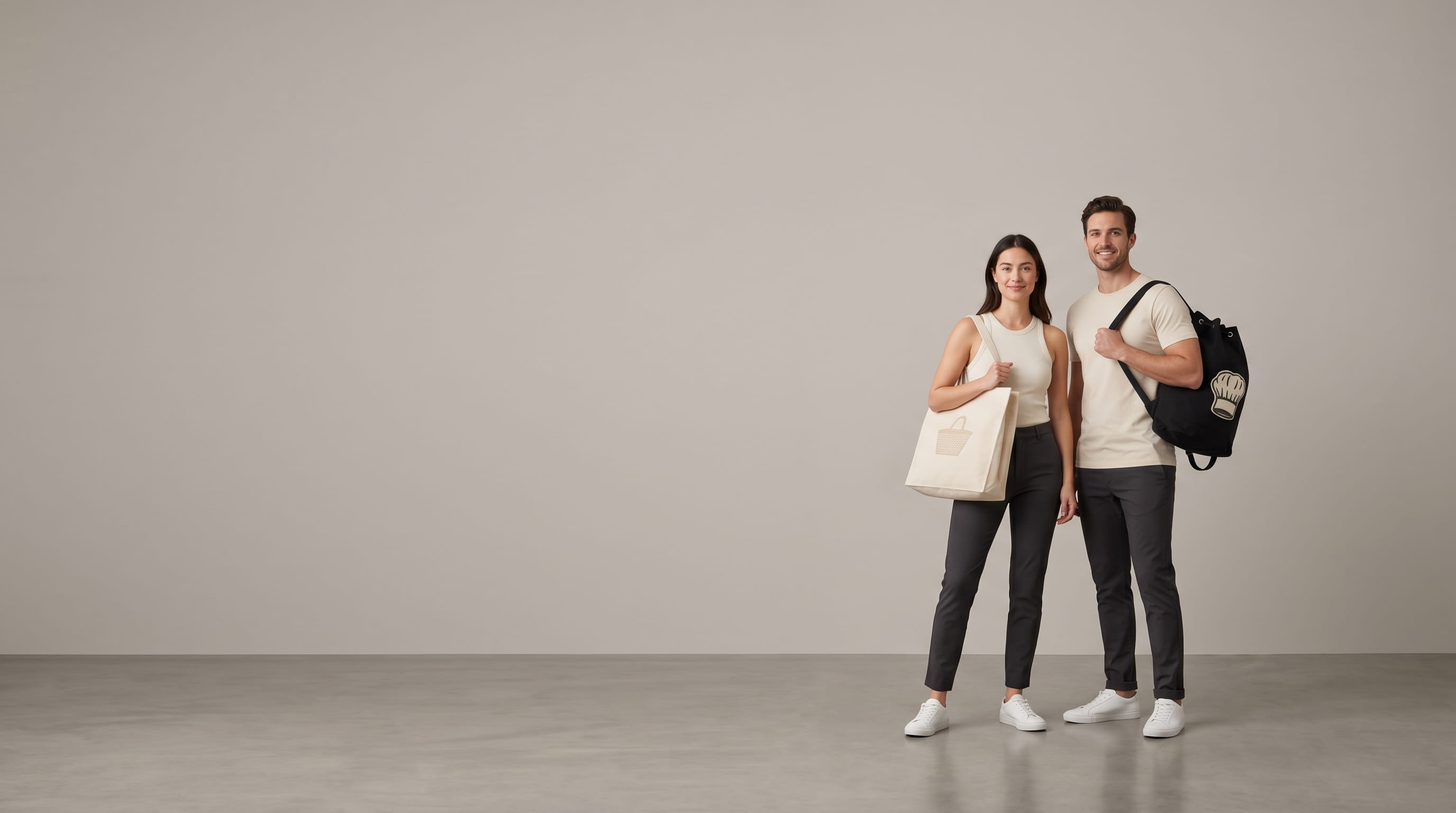 Two models with decorated Liberty Bags promotional bags and aprons in a clean studio