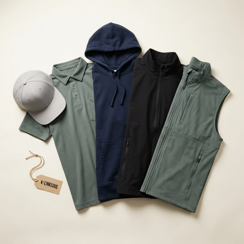 Linksoul SoCal golf-and-lifestyle apparel lineup on a clean studio background